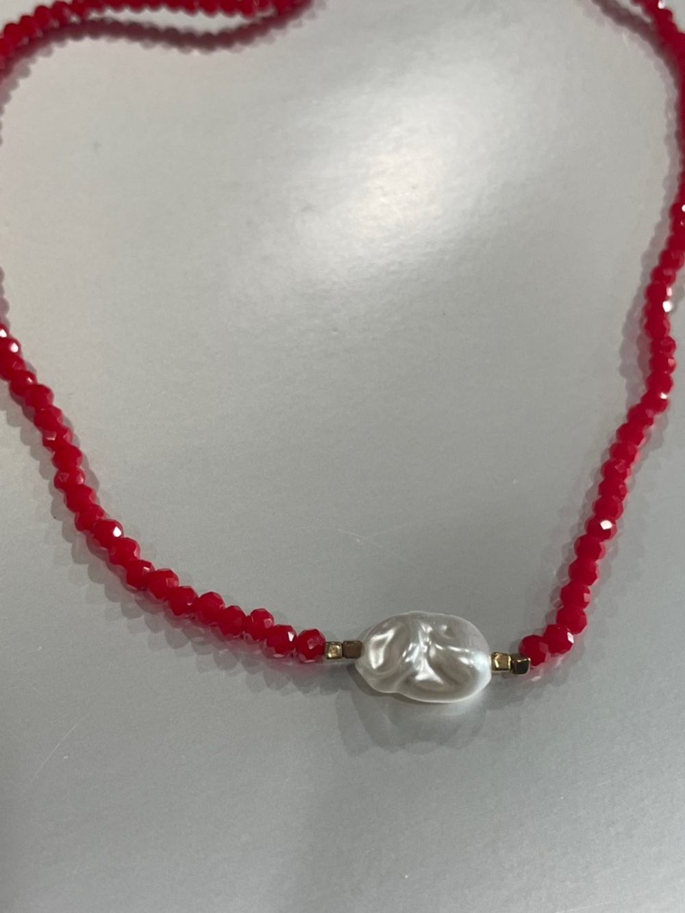 Red Beaded Necklace with Synthetic Baroque Pearl Accent